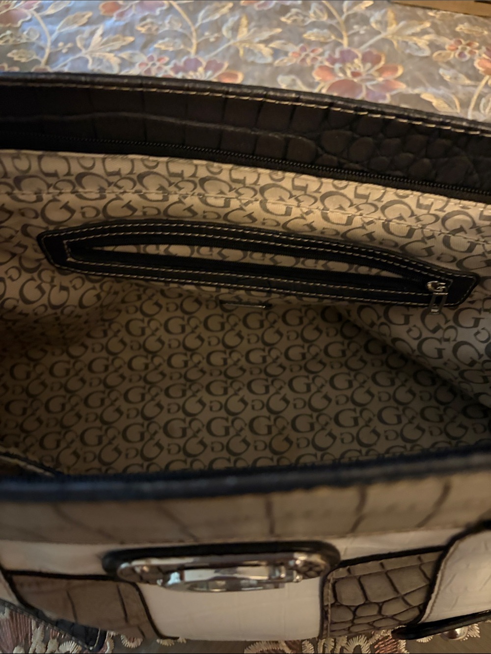 Guess Tri-Tone Faux-Croc Shoulder Bag — Cream, Gray & Black - Picture 9 of 14